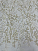 Leaf Pattern Sequins Fabric - Off-White - Natural Leaf Beads and Sequins Lace Fabric by the yard