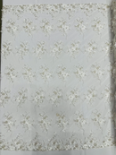 3D Flower Pearl Design - Off-White - Embroidered Sequins Floral Clusters Lace Fabric By Yard