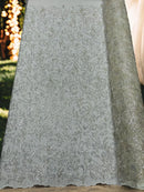 Floral Leaf Bead Fabric - Off-White - Leaf Design Shiny Beads and Sequins on Lace Mesh by Yard