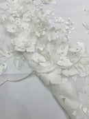 Floral 3D Pearl Fabric - Off-White - Embroidered Double Border Flower Design Pearl Fabric By Yard