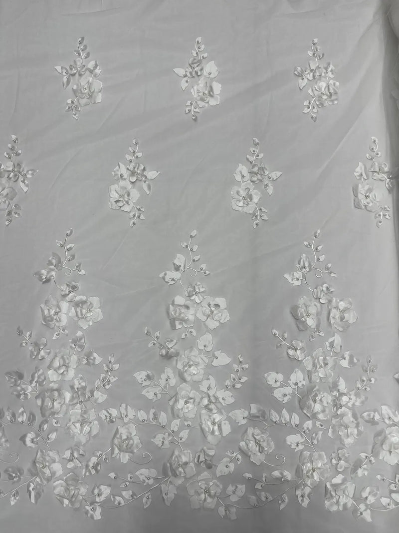 3D Orquidia Floral Lace - Off-White - Beautiful Orchid Flower Fabric on Mesh by Yard