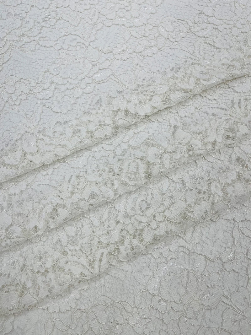 Corded Floral Plant Fabric - Off-White - Floral Corded Lace Flower Fabric Sold By Yard