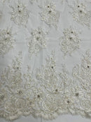 Beaded Rhinestone Fabric - Off-White - Floral Rhinestone Beaded Design with Fancy Border Sold By Yard
