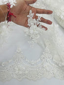 3D Floral Sequins Design - Off-White - Embroidered Floral Lace Fabric With Sequins / Pearls By Yard