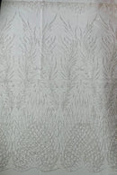 Beaded Embroidered Fabric - Off-White - Embroidered Heart and Feather Pattern Fabric Sold By Yard