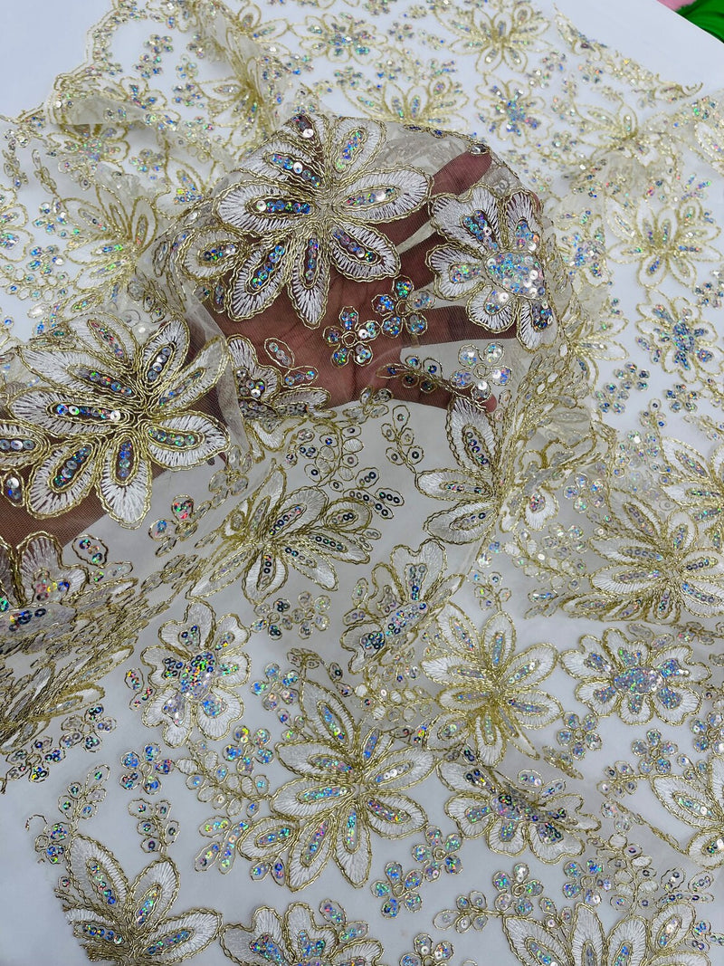 Metallic Floral Lace Fabric - Off-White - Hologram Sequins Floral Metallic Thread Fabric by Yard