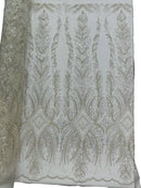 Beaded Line Fabric - Off-White - Luxury Bridal Line Pattern Fabric With Beads, Sequins Sold By Yard