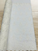 Floral Damask Bead Fabric - Off-White - Embroidered Floral Clusters with Beads / Sequins by Yard