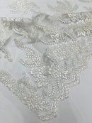 Braid Leaf Designs Lace Fabric - Off-White - Embroidered Floral Leaf Pattern on Lace Mesh Fabric By Yard