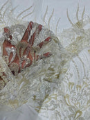 Wavy Lines Leaf Bead Fabric - Off-White - Embroidered Leaf Beaded Mesh By Yard