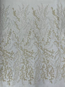 Leaf Pattern Sequins Fabric - Off-White - Natural Leaf Beads and Sequins Lace Fabric by the yard
