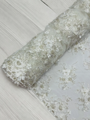 3D Flower Pearl Design - Off-White - Embroidered Sequins Floral Clusters Lace Fabric By Yard