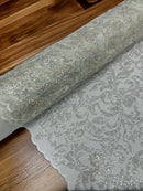 Floral Leaf Bead Fabric - Off-White - Leaf Design Shiny Beads and Sequins on Lace Mesh by Yard