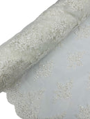 Floral Damask Bead Fabric - Off-White - Embroidered Floral Clusters with Beads / Sequins by Yard