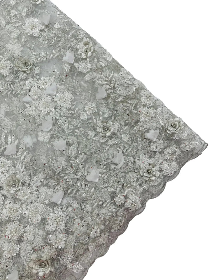 3D Rhinestone Flower Design - Off-White - Flower Sequins  Embroidered Lace Fabric By Yard