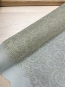 Swirl Design Bead Fabric - Off-White - Beaded Swirl Design with Sequins on Mesh Lace by Yard