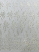 Braid Leaf Designs Lace Fabric - Off-White - Embroidered Floral Leaf Pattern on Lace Mesh Fabric By Yard