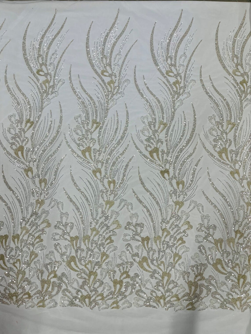 Wavy Lines Leaf Bead Fabric - Off-White - Embroidered Leaf Beaded Mesh By Yard