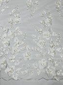 Floral 3D Pearl Fabric - Off-White - Embroidered Double Border Flower Design Pearl Fabric By Yard