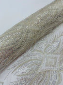Beaded Line Fabric - Off-White - Luxury Bridal Line Pattern Fabric With Beads, Sequins Sold By Yard