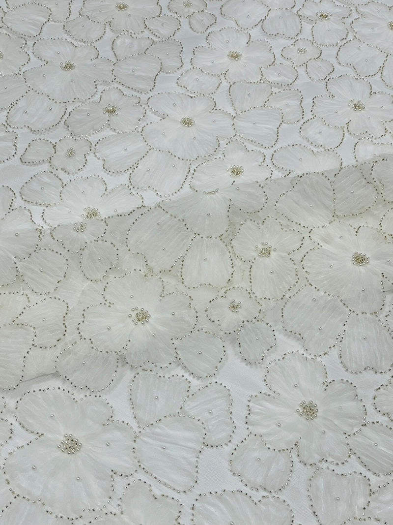 3D Tulle Flower Bead Fabric - Off-White - Mesh Flowers with Small Pearls and Beads By The Yard