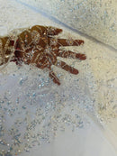 Floral Plant Bead Design - Off-White - Beaded Flower Plants Embroidered  Sequins Fabric By Yard