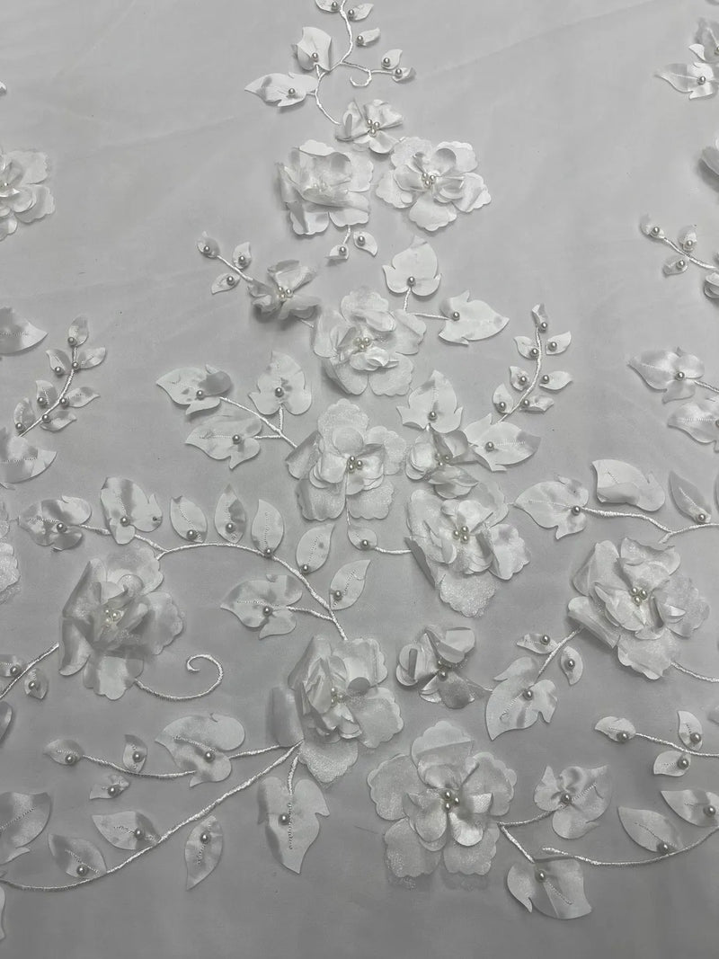 3D Orquidia Floral Lace - Off-White - Beautiful Orchid Flower Fabric on Mesh by Yard