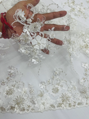 3D Flower Pearl Design - Off-White - Embroidered Sequins Floral Clusters Lace Fabric By Yard