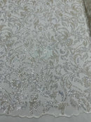 Floral Leaf Bead Fabric - Off-White - Leaf Design Shiny Beads and Sequins on Lace Mesh by Yard