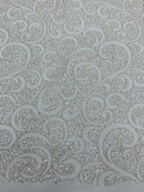 Swirl Design Bead Fabric - Off-White - Beaded Swirl Design with Sequins on Mesh Lace by Yard