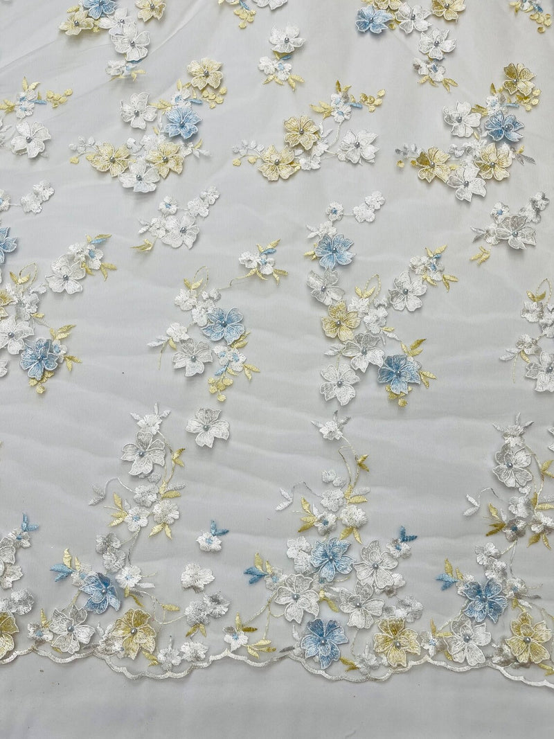 3D Multi-Color Flower Lace - Off-White - Flower Leaf 3D Multi-Tone Fabrics Sold By Yard