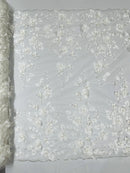 Floral 3D Pearl Fabric - Off-White - Embroidered Double Border Flower Design Pearl Fabric By Yard