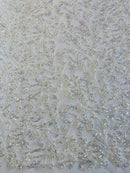 Floral Plant Bead Design - Off-White - Beaded Flower Plants Embroidered  Sequins Fabric By Yard