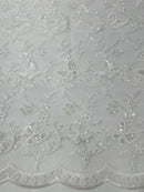 Metallic Floral Butterfly Fabric - Off-White - Embroidered Floral Butterfly Design Mesh Fabric by Yard