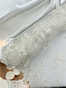 3D Floral Sequins Design - Off-White - Embroidered Floral Lace Fabric With Sequins / Pearls By Yard