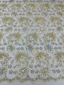 Metallic Floral Lace Fabric - Off-White - Hologram Sequins Floral Metallic Thread Fabric by Yard