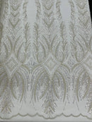 Beaded Line Fabric - Off-White - Luxury Bridal Line Pattern Fabric With Beads, Sequins Sold By Yard