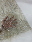 Fire Flame Bead Fabric - Off-White - Sequins and Beads in Fire Flame Design on Mesh by Yard