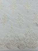 Floral Damask Bead Fabric - Off-White - Embroidered Floral Clusters with Beads / Sequins by Yard