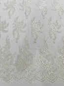 Braid Leaf Designs Lace Fabric - Off-White - Embroidered Floral Leaf Pattern on Lace Mesh Fabric By Yard