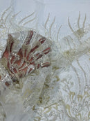 Wavy Lines Leaf Bead Fabric - Off-White - Embroidered Leaf Beaded Mesh By Yard