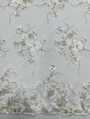3D Flower Pearl Design - Off-White - Embroidered Sequins Floral Clusters Lace Fabric By Yard