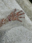 Floral Leaf Bead Fabric - Off-White - Leaf Design Shiny Beads and Sequins on Lace Mesh by Yard