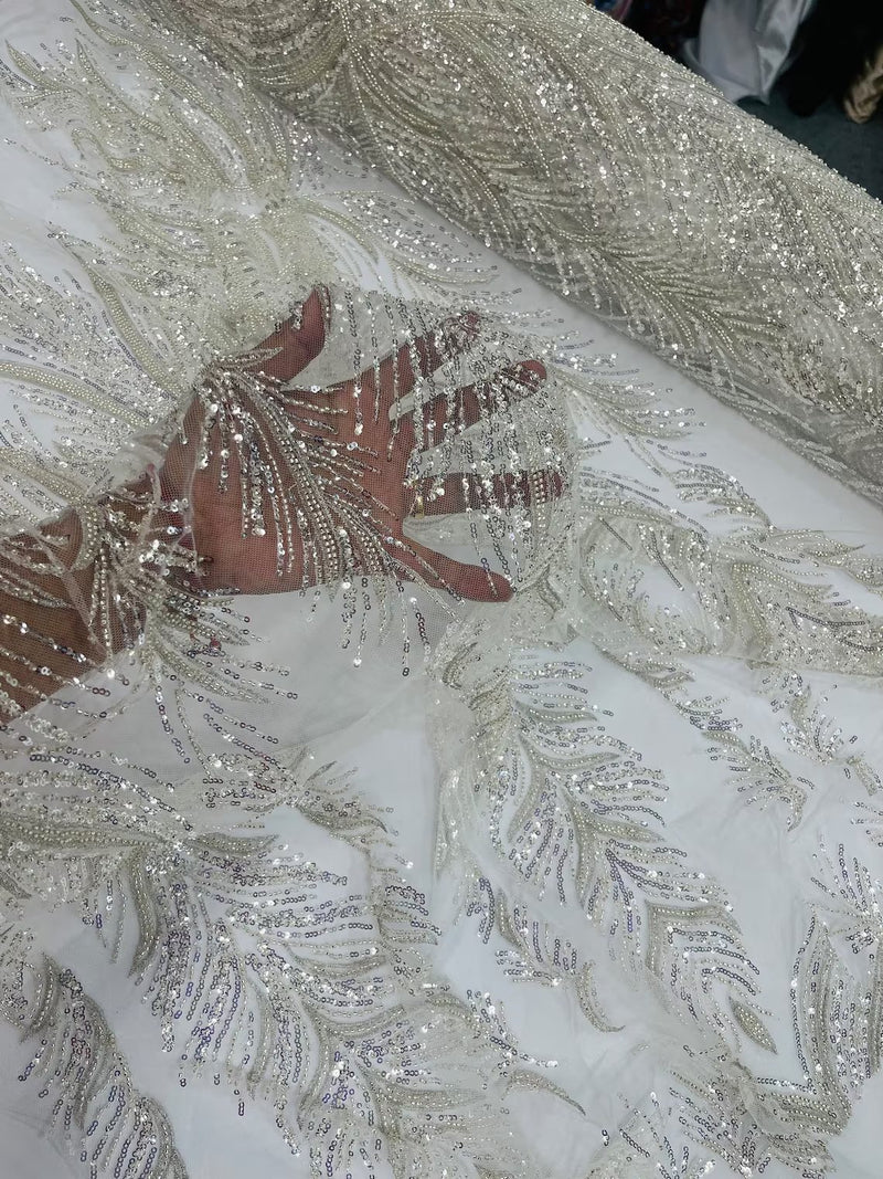 Beaded Line Fabric - Off-White - Luxury Bridal Line Pattern Fabric Wit Beaded Line Fabric - Off-White - Luxury Bridal Line Pattern Fabric Wit