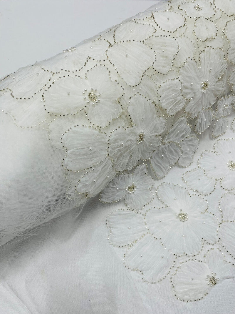 3D Tulle Flower Bead Fabric - Off-White - Mesh Flowers with Small Pearls and Beads By The Yard