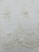 3D Floral Sequins Design - Off-White - Embroidered Floral Lace Fabric With Sequins / Pearls By Yard