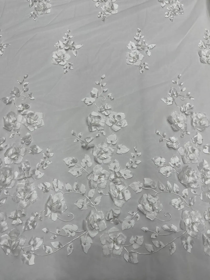 3D Orquidia Floral Lace - Off-White - Beautiful Orchid Flower Fabric on Mesh by Yard