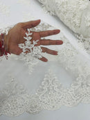 Floral Damask Bead Fabric - Off-White - Embroidered Floral Clusters with Beads / Sequins by Yard
