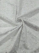 Metallic Floral Butterfly Fabric - Off-White - Embroidered Floral Butterfly Design Mesh Fabric by Yard
