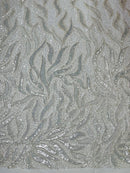 Fire Flame Bead Fabric - Off-White - Sequins and Beads in Fire Flame Design on Mesh by Yard